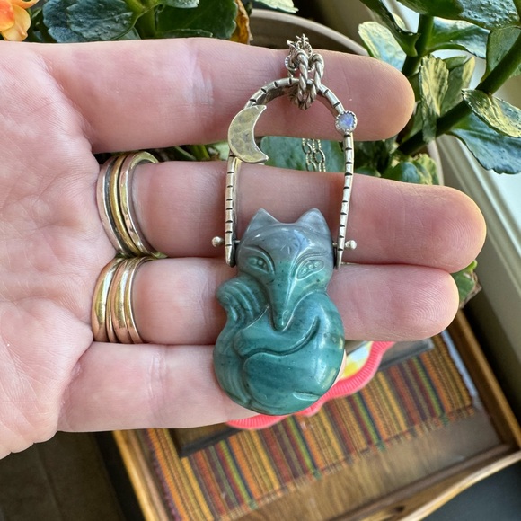 🦊 Trade for K!  Nightdreamer Jasper Swinging Fox and Opal Moon Pendant Necklace - Picture 7 of 16